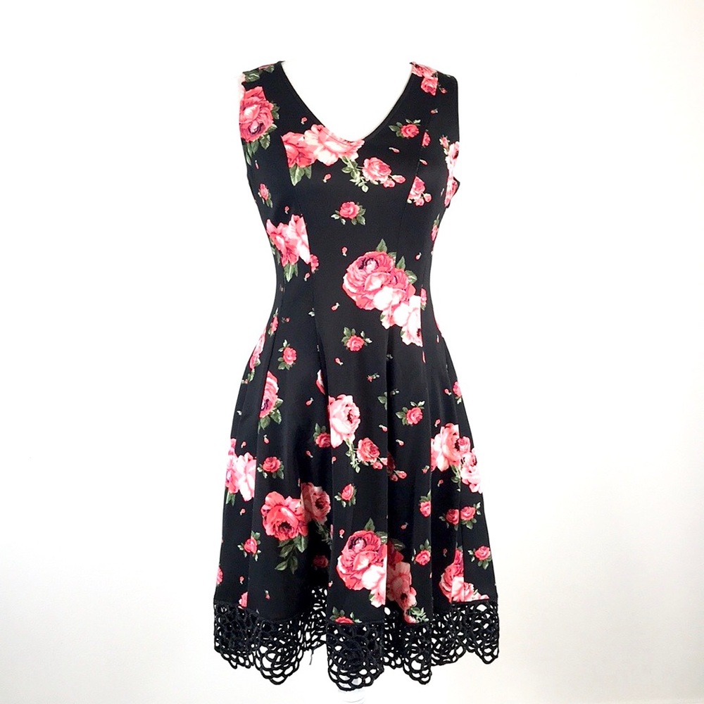 Donna Ricco Black Floral Fit-and-Flare Mini Dress with Pink Roses